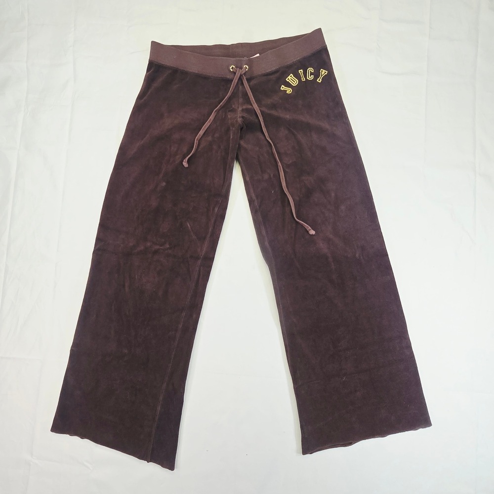 Juicy Couture Women's Velour Track Pants Size Medium Brown Y2K Wide Leg Logo